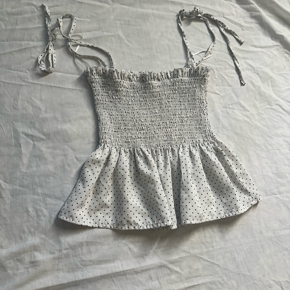 SHEIN Black and White Polka Dot Smocked Tank Top